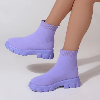 2022 г. Пролет-есен обувки На платформа с Кръгло бомбе Розово-лилави Дамски обувки Zapatos Mujer Размер на 43 Дамски Обувки От Еластична Тъкан Botas  10