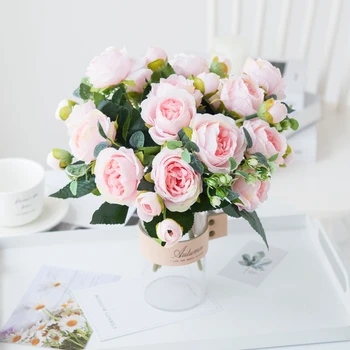 9 Глави Изкуствени Цветя, Бял Божур Чаена Роза през Есента на Коприната Ваза за 
