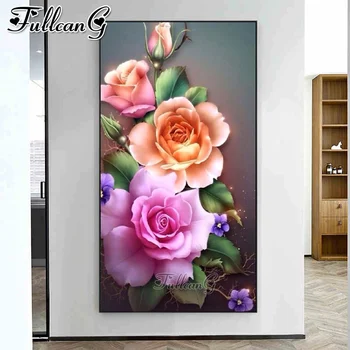 FULLCANG Пъстри цветя на божур диамантена живопис голям размер 5d сам роза мозайка бродерия на цвете картина за декорация на дома, FG1438  0