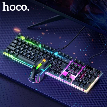HOCO LED Gaming Keyboard Дъгова Осветление BG Версия 104key USB Жичен Механична Клавиатура с Мишка Комплект За Гейм PC, Лаптоп  10