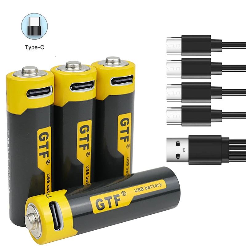 Зареждане чрез USB Type-C Батерия тип АА от 1,5 1700 ма 2550 МВтч литиево-йонна батерия 4 в 1 кабел за зареждане USB Type C Led индикатор за зареждане