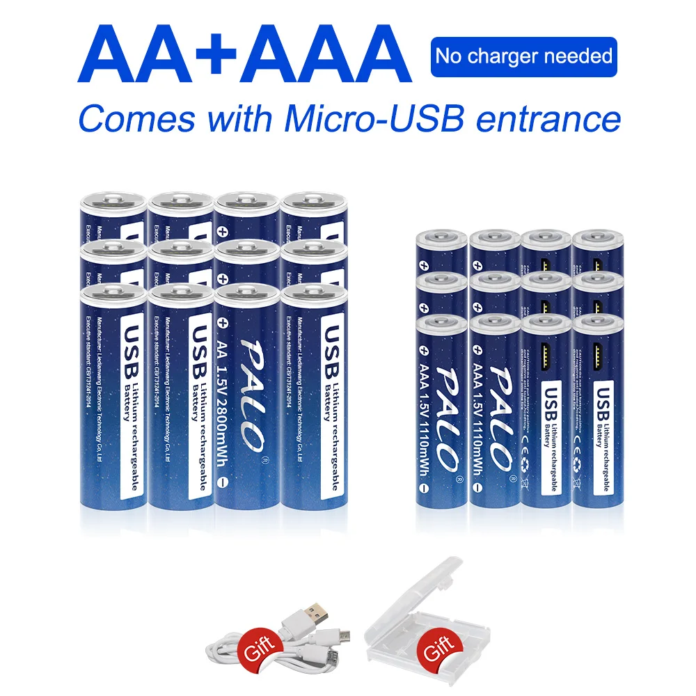 PALO 1,5 USB AAA Литиево-йонна Акумулаторна батерия AAA 1110 МВтч + 1,5 AA Литиеви Батерии AA 2800 МВтч с USB-кабел