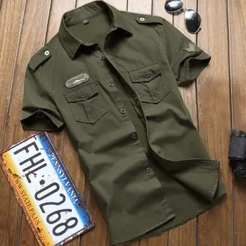 Военна Риза Мъжка Тактика С Къс Ръкав Летни Блузи Плътен Цвят Висококачествен Памук Джоба Плюс Размер Дрехи Мъжки  5