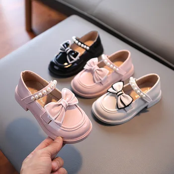 Детска Пролетна Нова Кожена обувки 2022 година с Лък и Перли за Момичета, Модни Черни обувки на Принцесата с Перли, Mary Janes за Вечерни Импресии  10