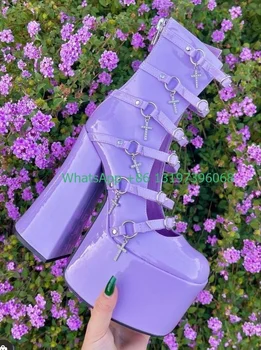 Жените красиви лилави ботуши от телешка кожа, чубрица кухи обувките Мери Джейн, обувки на платформа с кръстосан дизайн на обувки, обувки на масивна токчета, обувки с множество капани, 46  10