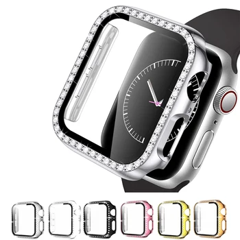 Калъф За Apple Watch case 44 мм 40 мм 42 мм 38 мм Diamond броня стъклена защитно фолио за екрана + калъф iwatch series 3 4 5 6 SE 7 45 мм 41 мм  10