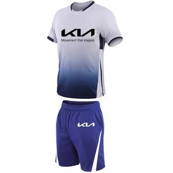 Лятото Дишащи ежедневните модерни мъжки костюми (тениска + шорти), Нова мъжка тениска с принтом автомобил Kia, висококачествен комплект от 2 теми  10