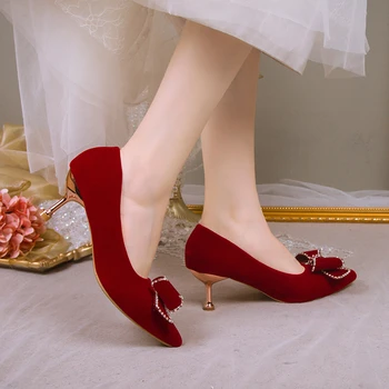 Сватбени обувки големи размери, Пролет и есен, Новост 2022 година, Червените булчински обувки на висок ток с кристали и лък, дамски обувки-лодка без обков с остри пръсти  10