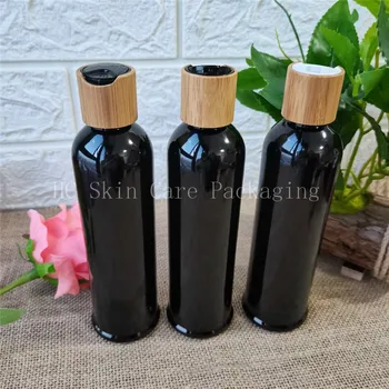 Търговия на едро с 8 унции прозрачни черни пластмасови бутилки за шампоан и лосион, капак за диск с бамбук капак, празна бутилка с дозатор за шампоан  5